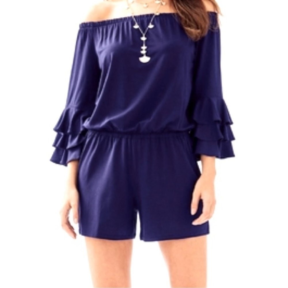 Lilly Pulitzer Calla Off the Shoulder Romper Women’s XS True Navy Blue